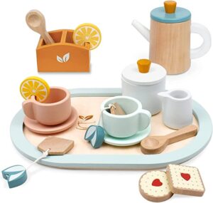 A wooden tea set for the toddler activity described in the article.