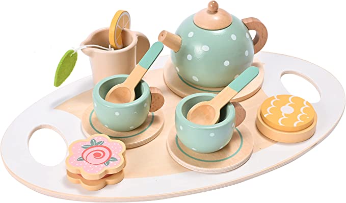 A green, wooden tea set for the toddler activity described in the article.