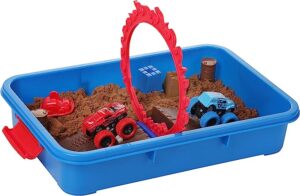 A ready-made monster truck-themed sensory bin for toddlers.