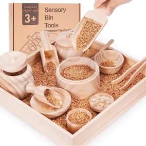 2 wooden, Montessori Sensory Bin Tools with Wooden Box.