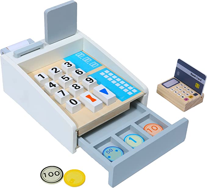 A wooden, Montessori cash register for toddlers to use in the grocery store pretend game described in the article.