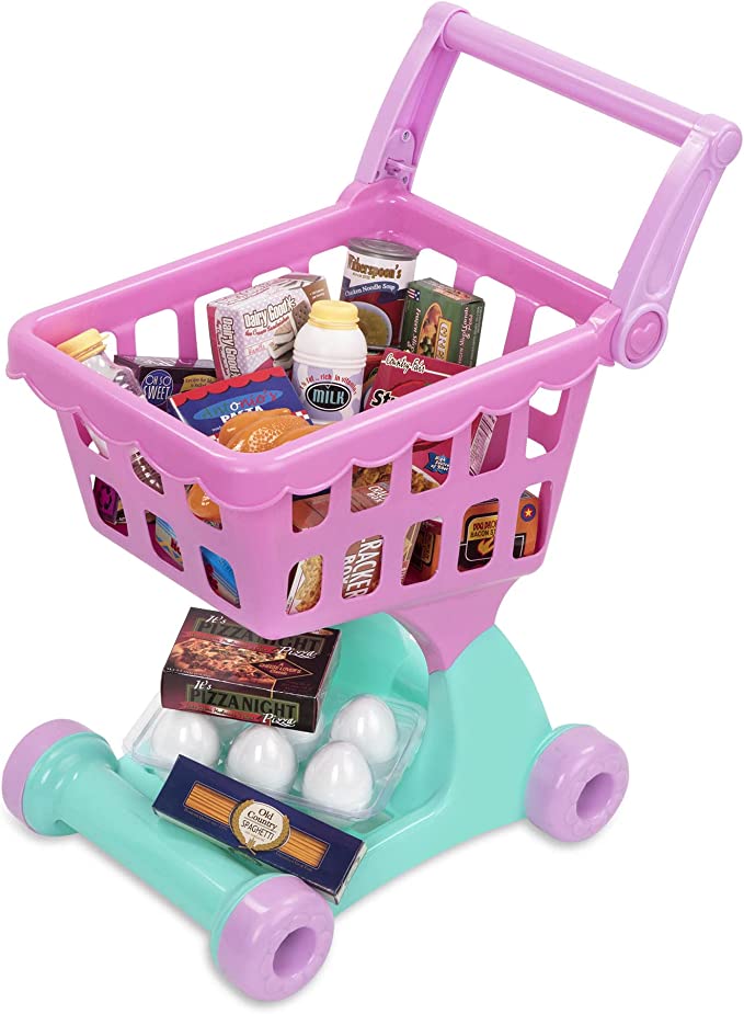 A pink toy shopping cart for the toddler activity 'grocery shopping.'